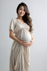 A pregnant woman is wearing a white dress and smiling