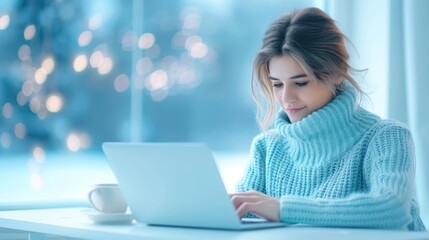 Naklejka premium Woman Working on Laptop in Cozy Sweater