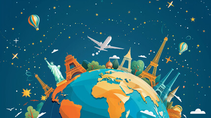 Illustration of globe with famous landmarks and travel elements
