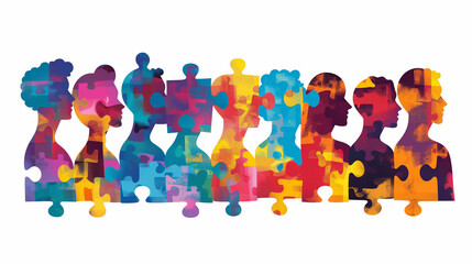 Fototapeta premium Silhouette of diverse people as colorful puzzle pieces