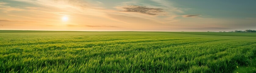 Serene Green Field Under Golden Sunset
