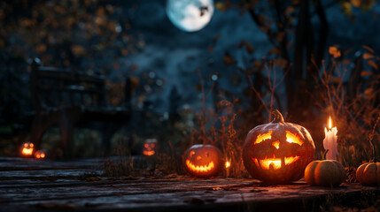 Obraz premium Halloween Night Celebration Featuring Jack-o'-Lanterns Illuminated Under a Full Moon at an Outdoor Gathering
