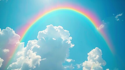 Rainbow and White Fluffy Clouds in a Blue Sky.