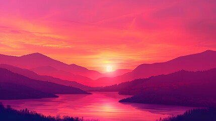Fototapeta premium Sunset over a mountain lake with vibrant pink and orange sky