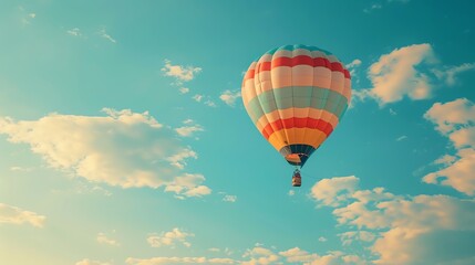 Fototapeta premium Colorful Hot Air Balloon Soaring Through a Blue Sky.