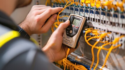 Electrician working with wires and measuring device