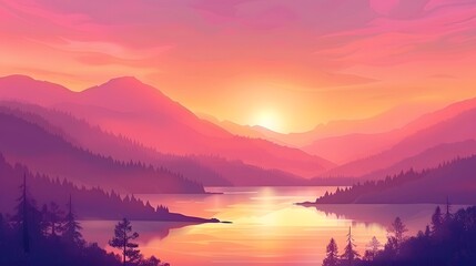 Sunset Over Mountain Range and Lake with Silhouette Trees