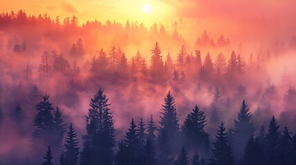 Sunrise Over Foggy Forest