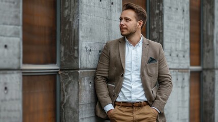 Young European businessman wearing cream jacket suit and white shirt standing next to building in the center of metropolitan city