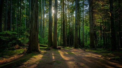 Obraz premium Douglas fir tree in Cathedral Grove, MacMillan Provincial Park, Vancouver island, British Columbia, Canada. 