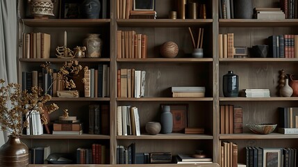 Wooden Bookshelf with Decorative Objects and Flowers
