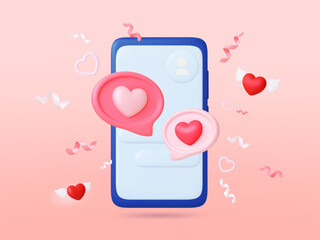 Online chatting 3d concept. Romantic messages, long distance love relationship in chat. Smartphone mockup, talk bubbles, hearts render vector elements