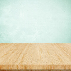 Wood table and green wall background in kitchen, Wooden shelf, counter for food and product display in room background, Wood table top, desk surface banner, mockup, template