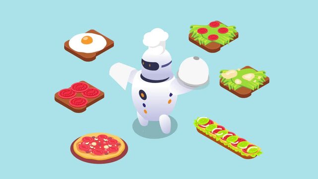 Robot chef preparing food vector illustration. Smart AI cook learning and demonstrating salad and sandwich recipes for restaurant menu 3d animation cartoon