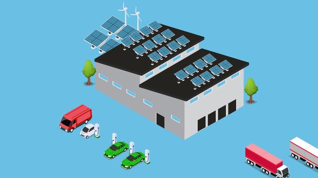 Transportation business recharging fleet with renewable solar wind electricity energy 3d animation cartoon