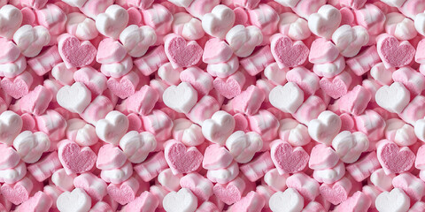 Fototapeta premium A cute and dreamy background of close-up of heart shaped pastel pink and white marshmallow, each piece showcasing its fluffy texture and light sugar dusting