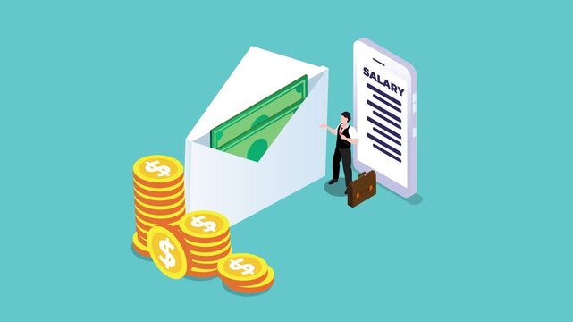 Man with cash and online salary payment 3d animation cartoon