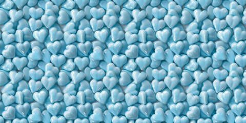 a cute and dreamy, aesthetically pleasing texture background of close-up of heart shaped light blue chocolate covered sugar coating, each piece showcasing its smooth texture and glossy finish