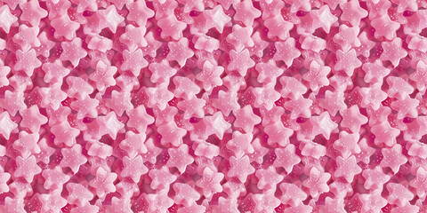 a cute and dreamy, aesthetically pleasing texture background of close-up of star shaped pastel pink gummy candy, each piece showcasing its chewy texture and sugar-coated finish