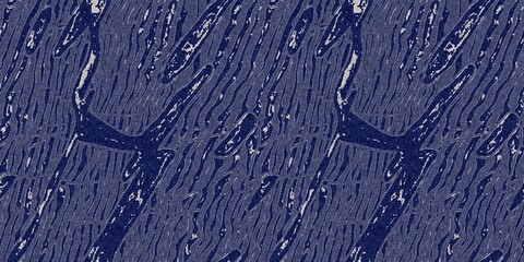 Fototapeta premium Denim blue dye effect seamless woven linen background, Distressed ink blotch mottled repeat pattern design for fashion border banner ribbon.