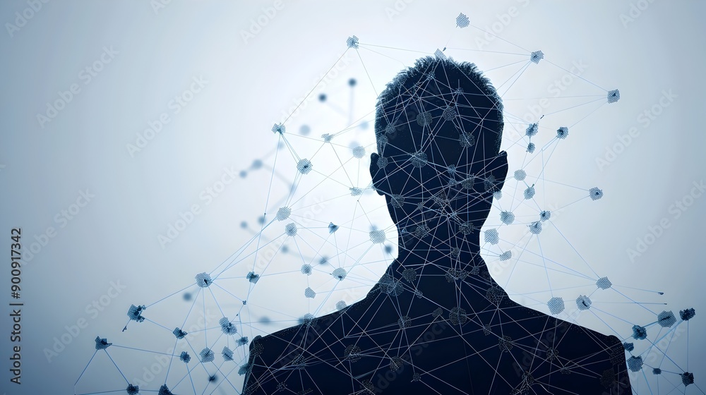 Poster silhouette of businessperson overlaid with network connections symbolizing digital communication