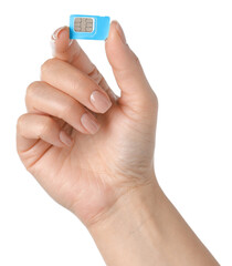 Fototapeta premium Woman with SIM card on white background, closeup