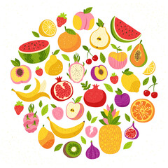 Fruits and berries hand drawn cartoon set. Drawn with texture sliced lemon orange apple pear watermelon peach papaya pineapple dragon fruits kiwi mango banana pomegranate strawberry plum cherry vector
