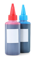 Bottles of different printer ink isolated on white