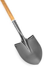 Metal shovel with wooden handle isolated on white, top view