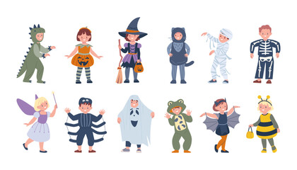 Children in halloween costumes. Funny little kids wear festival costume. Scary carnival clothes for child, cute toddlers kicky vector characters