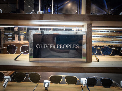 BELGRADE, SERBIA - MAY 21, 2024: Oliver Peoples logo displayed in a store selling their sunglasses. Oliver people is an american eyewear designer and manufacturer specialized in high end sunglasses an