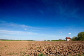 Obraz premium Panorama of a ploughed field in Vojvodina. The vast agricultural landscape showcases the rural farming area of Serbia. The field is freshly ploughed, ready for the next planting season.