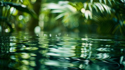 A blurry image of a body of water with green leaves floating on top