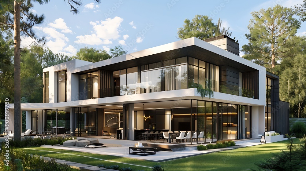 Poster A modern house embodies the essence of contemporary architecture and lifestyle designed with a focus on simplicity efficiency and elegance It features clean lines open floor plans and  : Generative AI