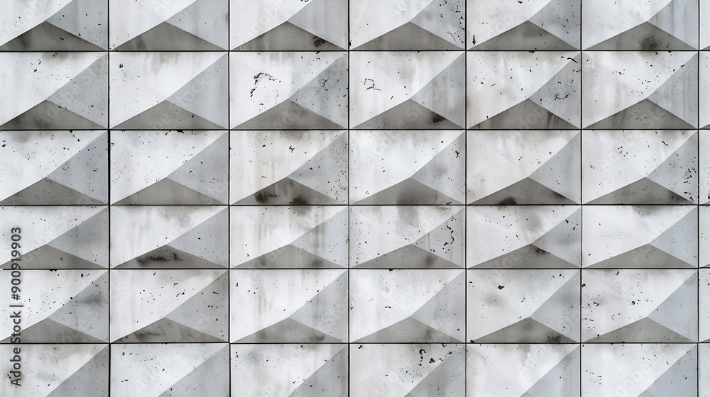 Poster Background texture of square 3d white tiles on facade Street stone cement wall with geometric rhombus pattern concrete light gray polygons Building cladding architectural masonry : Generative AI
