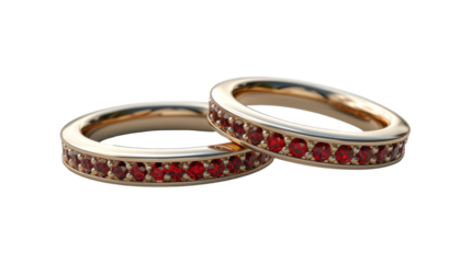 Elegant Pair of Gold Rings Adorned With Red Gemstones Displayed on a Neutral Surface