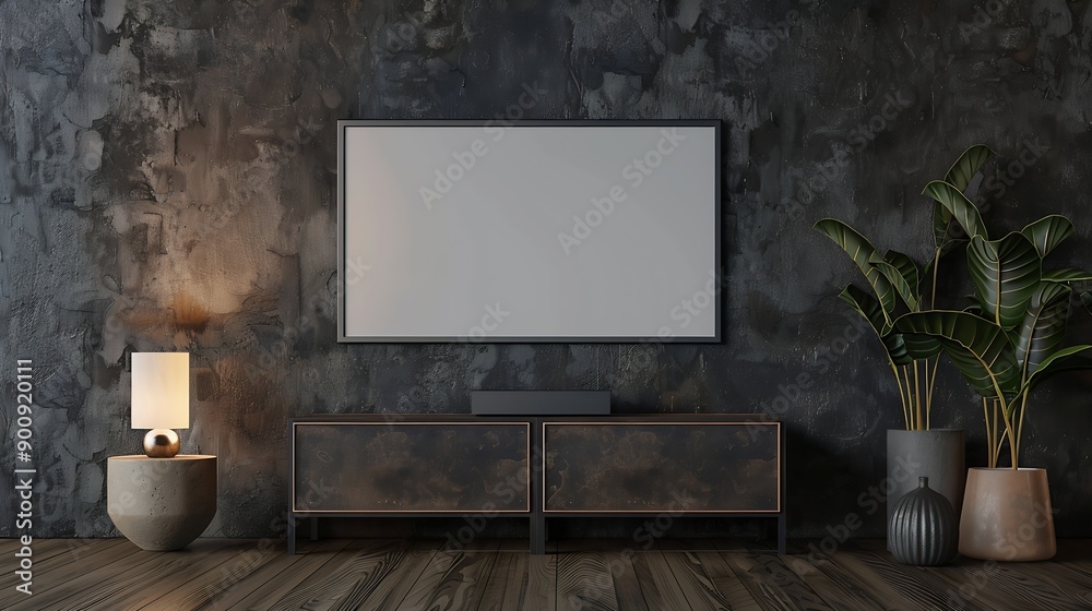 Aufkleber mockup frame on cabinet in living room interior on empty dark wall background3d rendering : generati