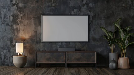 Mockup frame on cabinet in living room interior on empty dark wall background3D rendering : Generative AI
