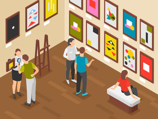 Art gallery. Visitors looking on creative artworks. Museum exposition or flash mob. Indoor exhibition, creativity and design. Flawless vector isometric scene