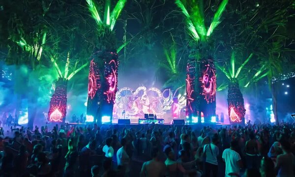 The world's largest trance festival with a jungle nature theme. A spectacular laser show and fire display light up the night, attended by 200,000 people. Neon lights and powerful smoke, laser