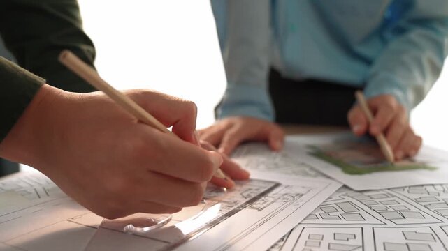 Smart architect and safety engineer discussion about building blueprint on table with architectural document, measurement tools and wooden block scatter around at modern office. Closeup. Delineation.