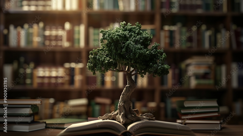 Poster Wooden tree with books on blur background of library with bookshelf Flawless : Generative AI