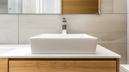Small bathroom with white porcelain sink on wooden cabinet and frameless square mirror : Generative AI