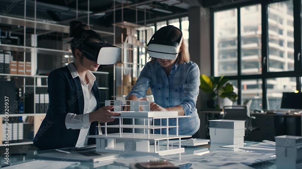 Aufkleber technology futuristic virtual reality design team architect or engineer designer wearing vr headset 