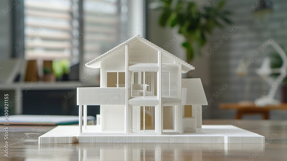 Poster Model of the house printed on a 3D printer with white filament by FDM technology for architectural use : Generative AI