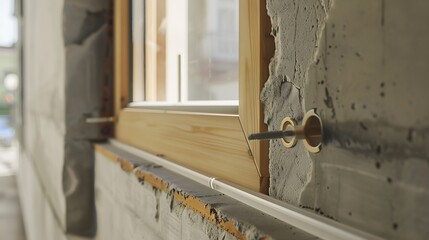 Obraz premium Demonstration of technology for building a house in the future using 3D printing section of fastening the window frame to the wall of the house : Generative AI