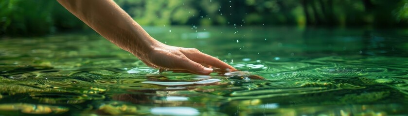 Hand Touching Clear Water in a Serene Natural Forest Setting with Sunlight Filtering Through the Trees