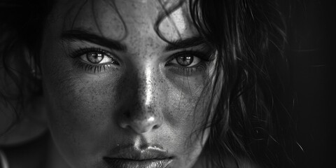 Fototapeta premium Portrait of a young woman with freckles showcasing natural beauty and confidence for a beauty and fashion campaign