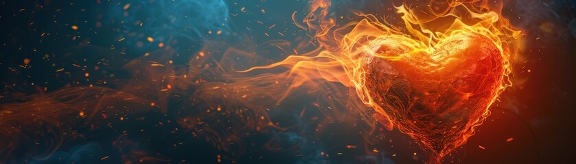 Fototapeta premium Fiery Heart with Flames and Sparks on Dark Background - Symbol of Passion, Love, and Intensity
