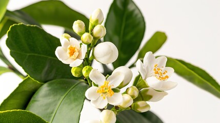 Obraz premium White orange tree flowers buds and leaves branch isolated on white Calamondin citrus blossom bunch : Generative AI